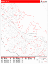 Redwood City Wall Map Zip Code Red Line Style 2024